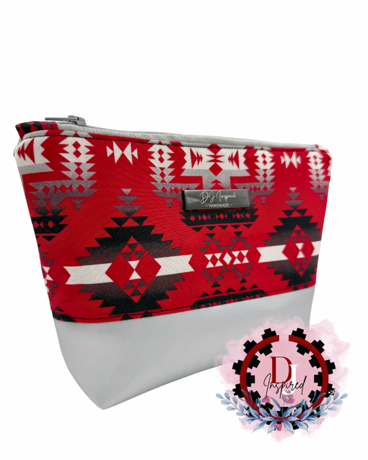 Cosmetic Bag | Red/Silver Native Print