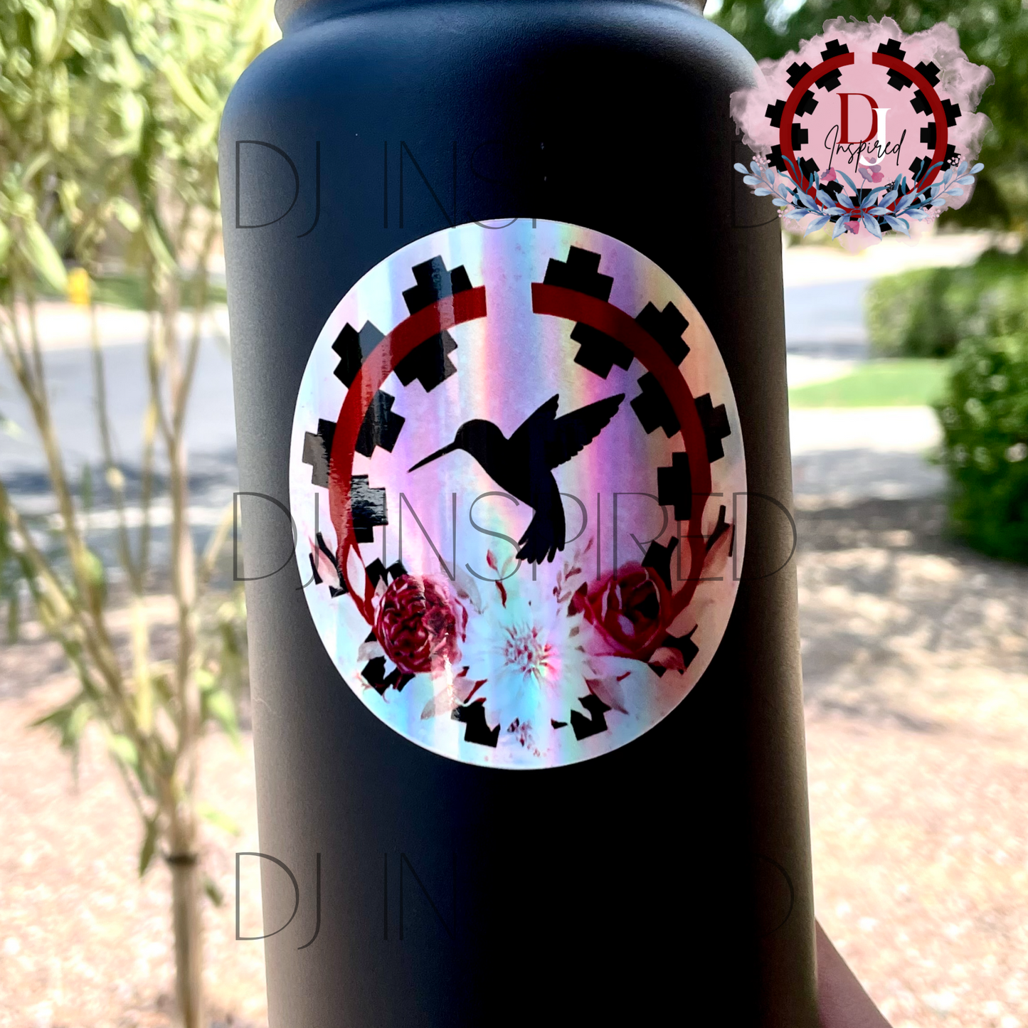 Maroon Floral Hummingbird Sticker (Holographic)