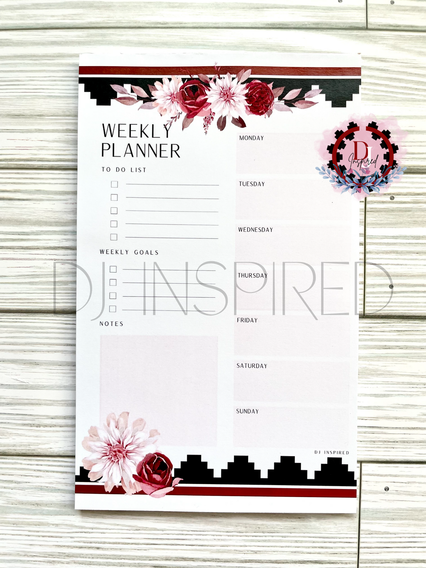 Maroon Floral Weekly Planner Notepad