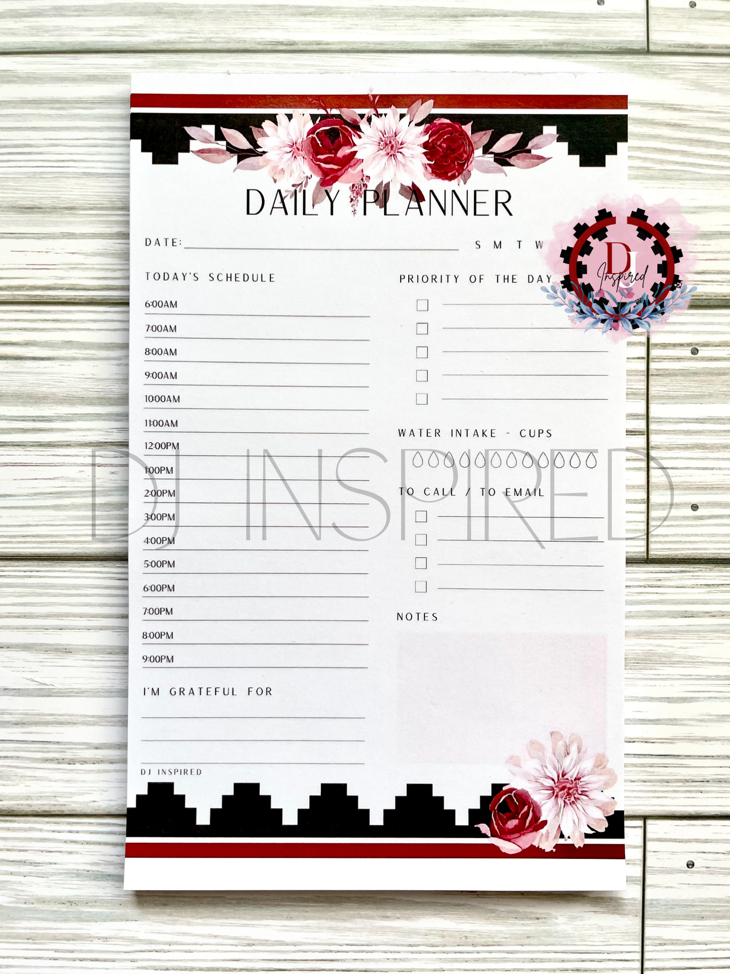 Maroon Floral Daily Planner Notepad